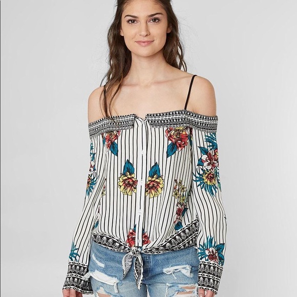 Flying Tomato Cold Shoulder Striped Floral Tie Top - Picture 2 of 8